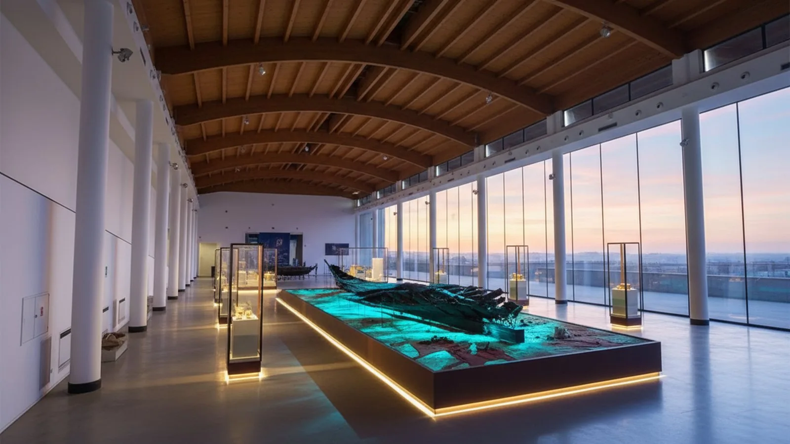 Sala espositiva del Museo del Mare di Gela con il relitto di una nave greca arcaica
